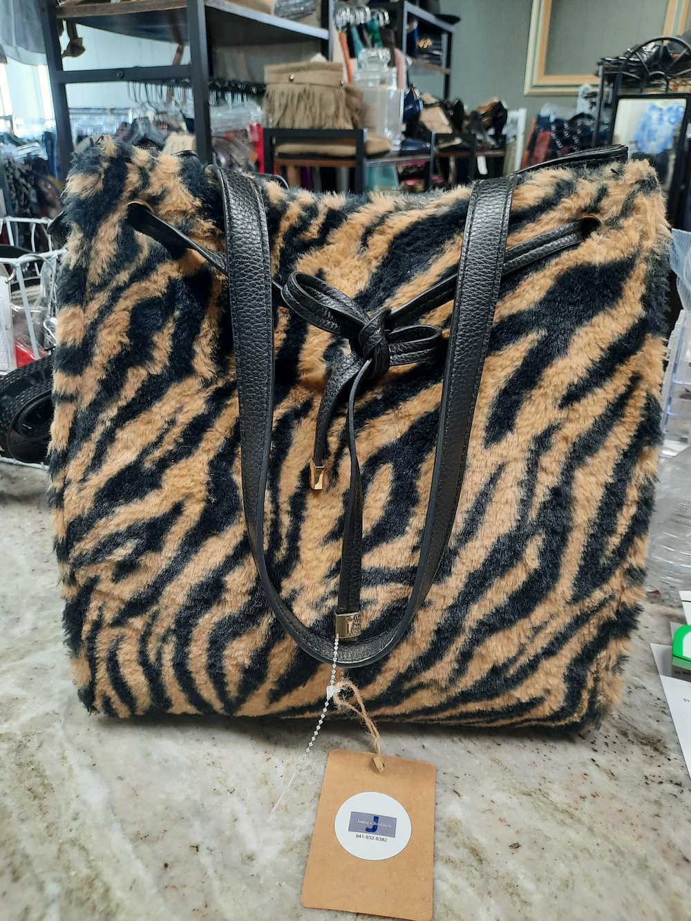 Faux Fur Tiger-Print Tote Bag with Black Trim